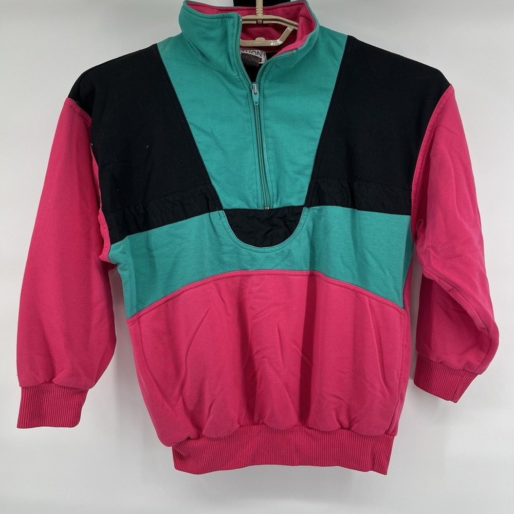 Vintage 80s Lavon Petite Medium Sweatshirt Pink Teal Color Block Pockets 1/4 Zip